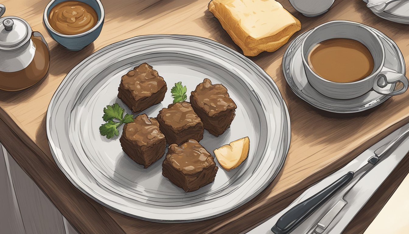 A plate of beef and gravy bites sits on a countertop, surrounded by a clock showing the passage of time