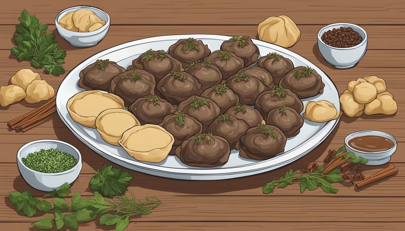 A plate of beef and dumpling bites sits on a wooden table, surrounded by scattered herbs and spices. The bites appear fresh and inviting, ready to be enjoyed