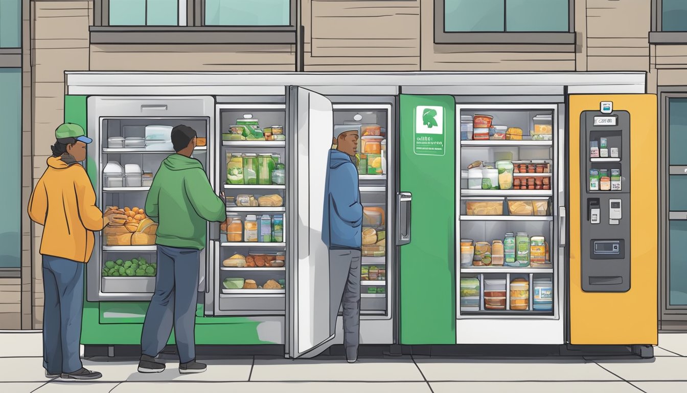 A bustling local community fridge surrounded by supporting facilities and services in Cedar Rapids, IA