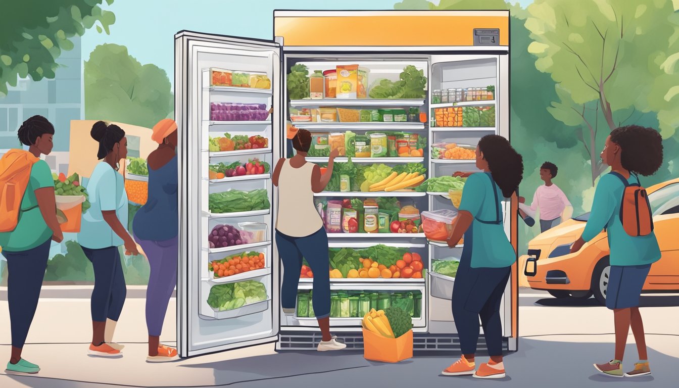 People adding food to a community fridge in Atlanta, GA. The fridge is full of fresh produce, canned goods, and other essentials