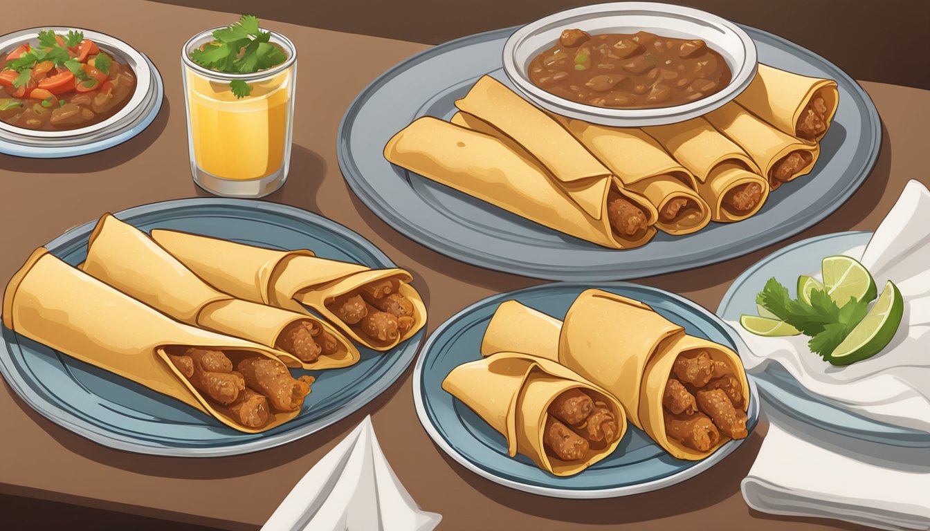 A plate of beef and cheese taquitos sits on a table, surrounded by empty plates and napkins. The taquitos appear fresh and inviting