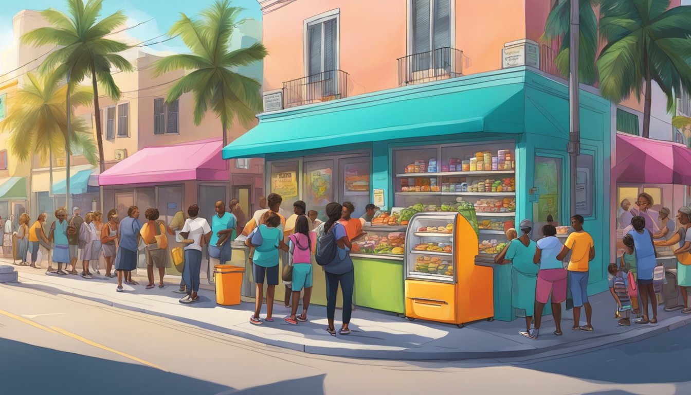 A bustling Miami street corner with a colorful, graffiti-covered refrigerator surrounded by diverse community members donating and taking food