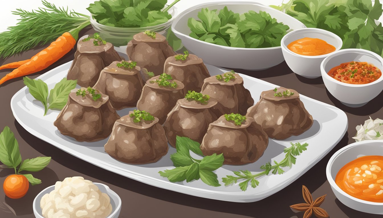 A plate of beef and dumpling bites sits on a clean, white surface, surrounded by fresh herbs and spices. The food appears appetizing and well-prepared, with no signs of spoilage