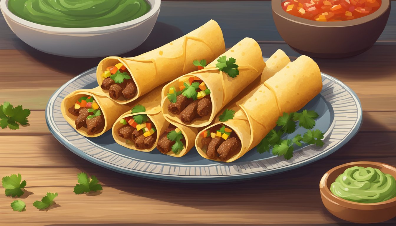 A plate of beef and cheese taquitos sits on a wooden table, surrounded by colorful salsa and guacamole. The crispy taquitos are topped with fresh cilantro and a sprinkle of cheese