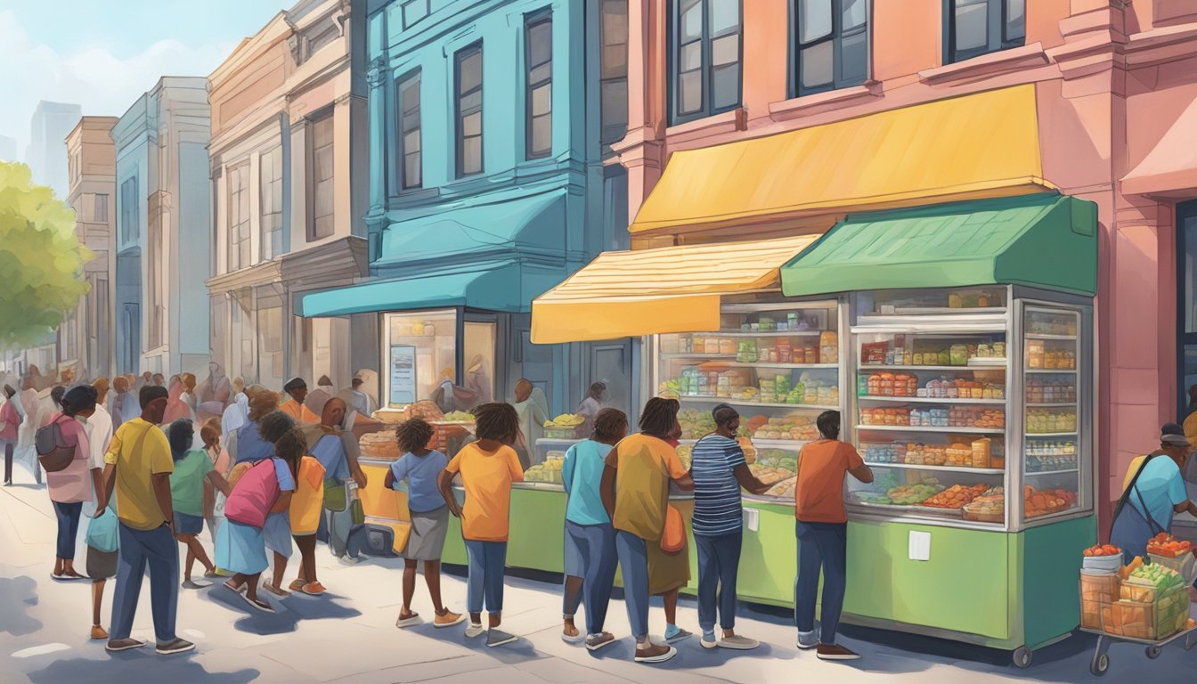 A bustling Atlanta street with a colorful community fridge surrounded by people exchanging food and supplies