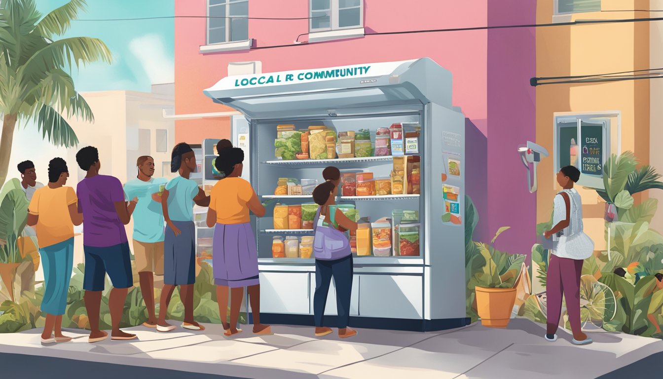 A diverse group of people accessing a community fridge in Miami, FL, with various food items inside and a sign indicating "Local Community Fridge Guide."