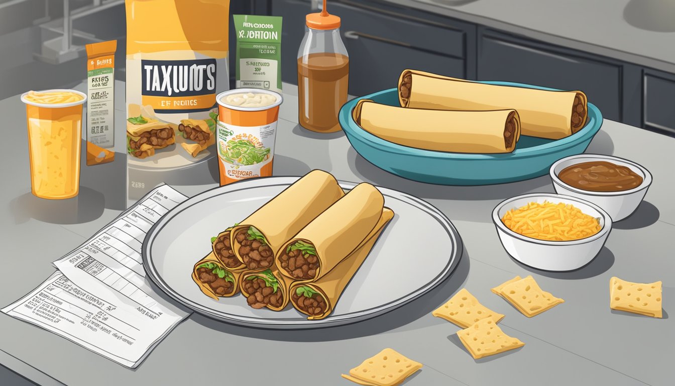 A plate of beef and cheese taquitos sits on a kitchen counter, surrounded by various expiration date labels and a nutrition facts chart