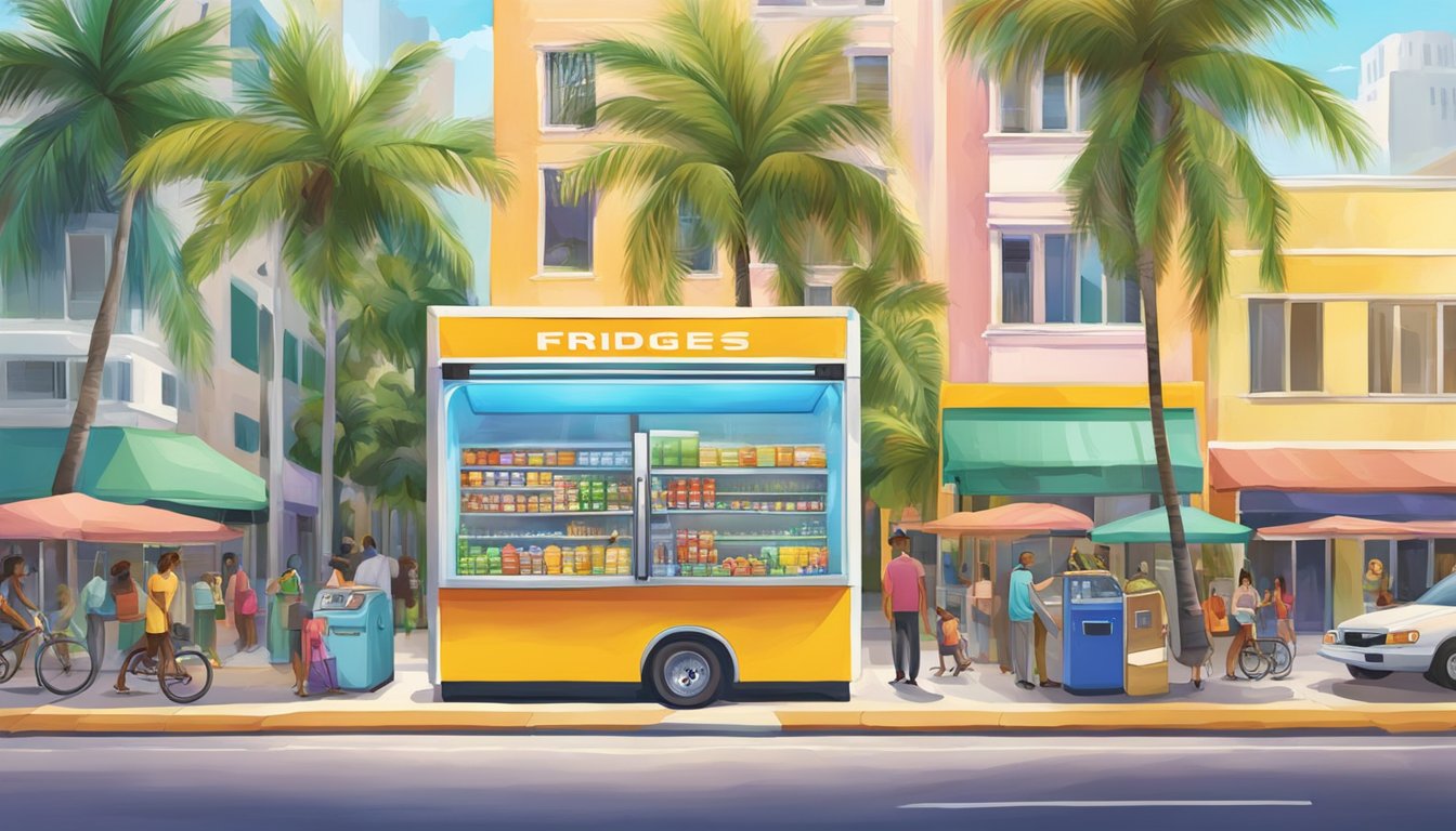 A bright, colorful local community fridge stands on a busy Miami street, accessible to all, surrounded by diverse buildings and palm trees