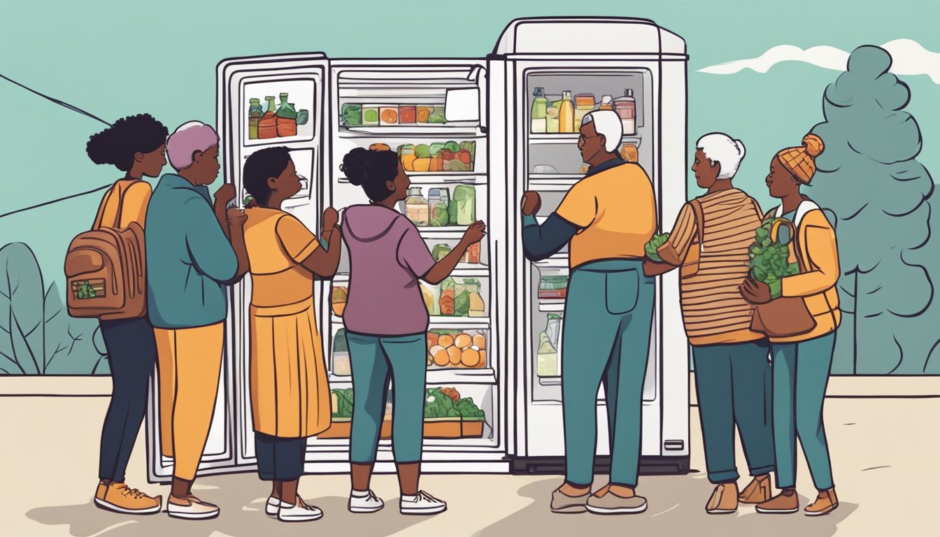 A diverse group of people from different backgrounds and ages gather around a community fridge, exchanging food and supplies in a supportive environment