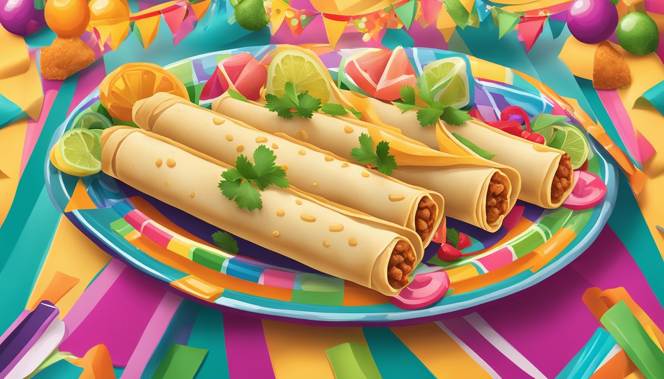 A plate of beef and cheese taquitos on a colorful fiesta-themed table with vibrant ingredients and festive decorations