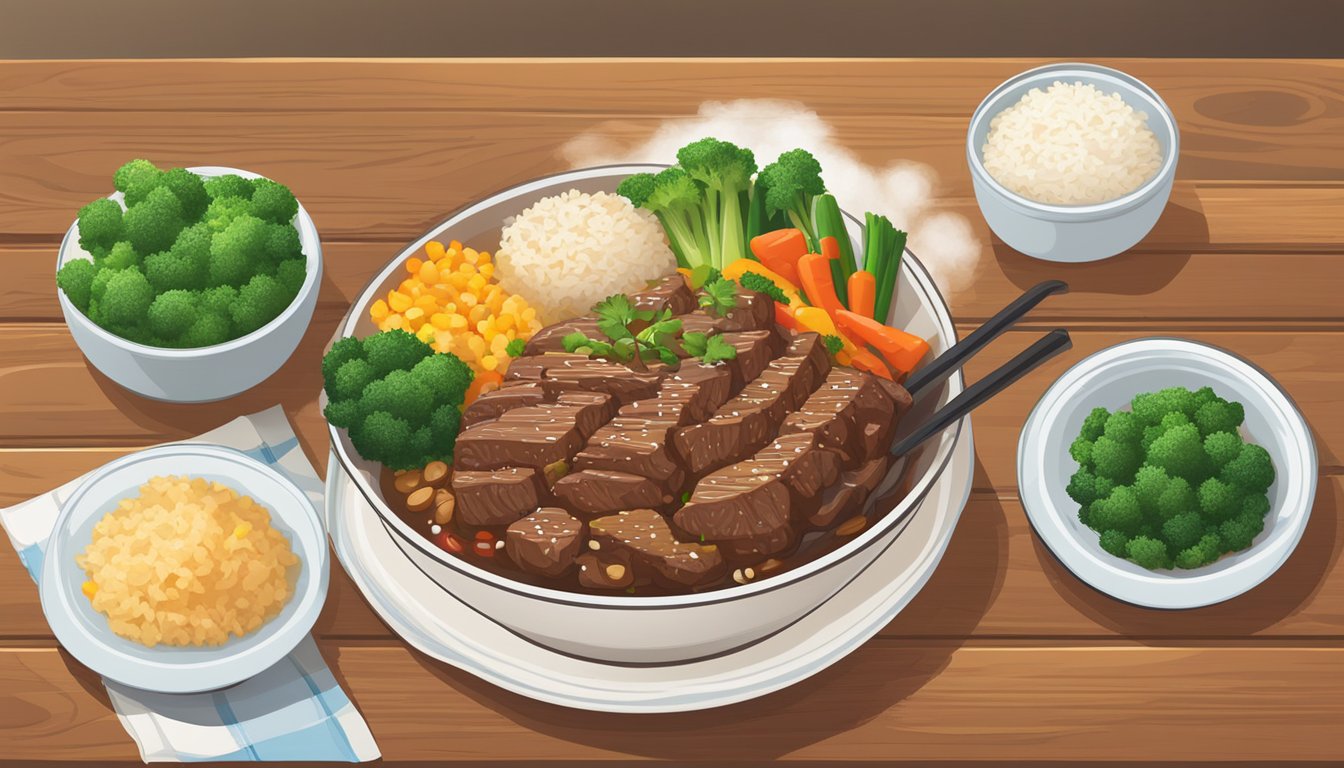 A beef and rice bowl sits on a wooden table, steam rising from the savory mixture of tender beef, fluffy rice, and colorful vegetables