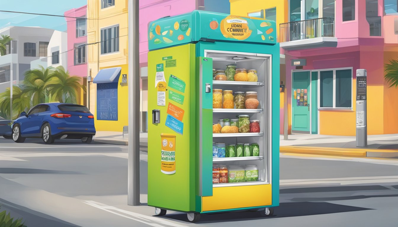 A brightly colored community fridge in Miami, FL, adorned with safety and maintenance signs