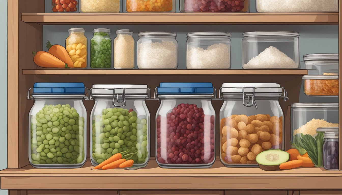 A sealed container of beef and rice bites sits on a shelf, surrounded by jars of preserved fruits and vegetables. The bites appear fresh and ready to eat