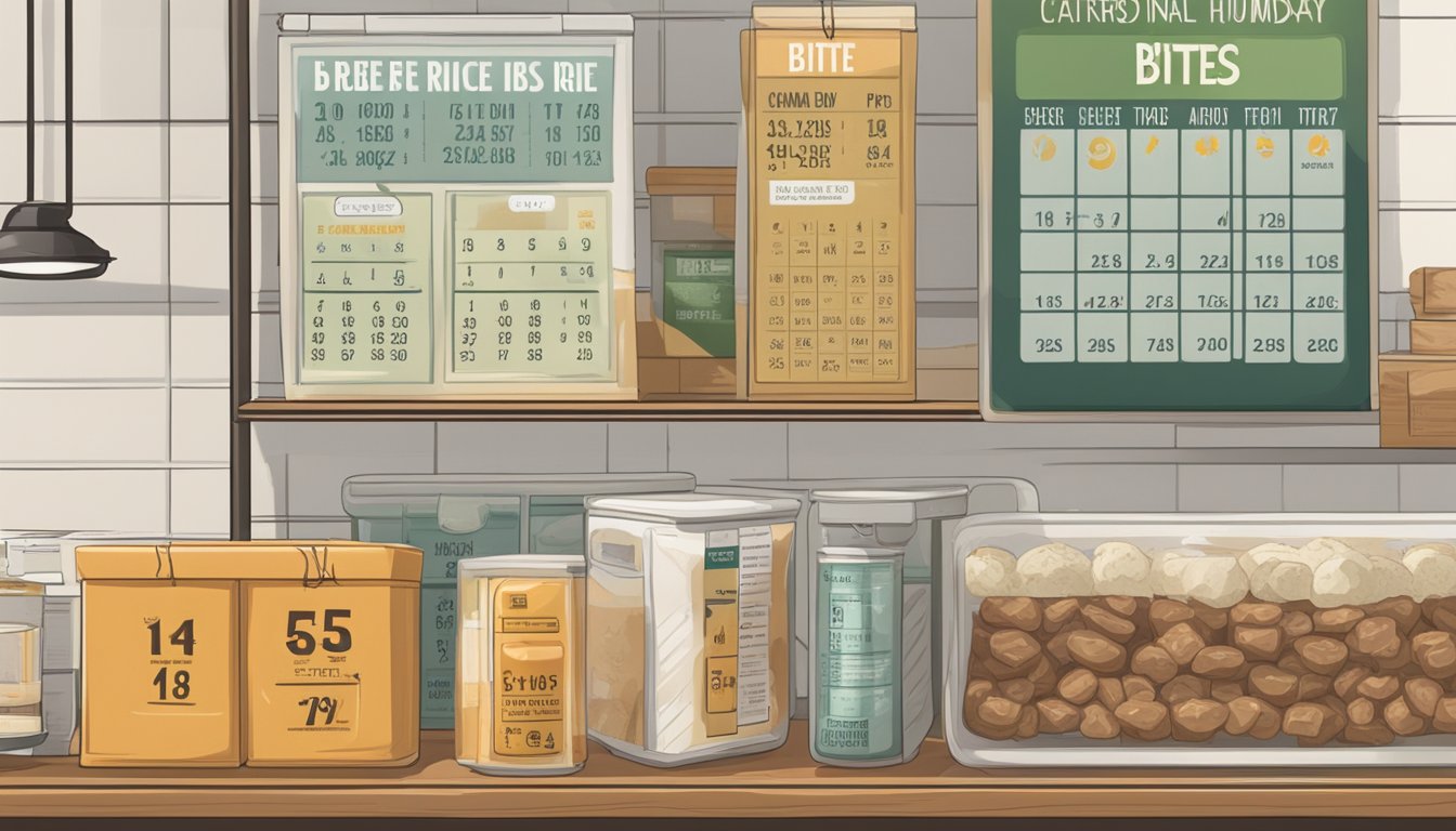 A package of beef and rice bites sits on a shelf, surrounded by temperature and humidity gauges. A calendar on the wall marks the current date