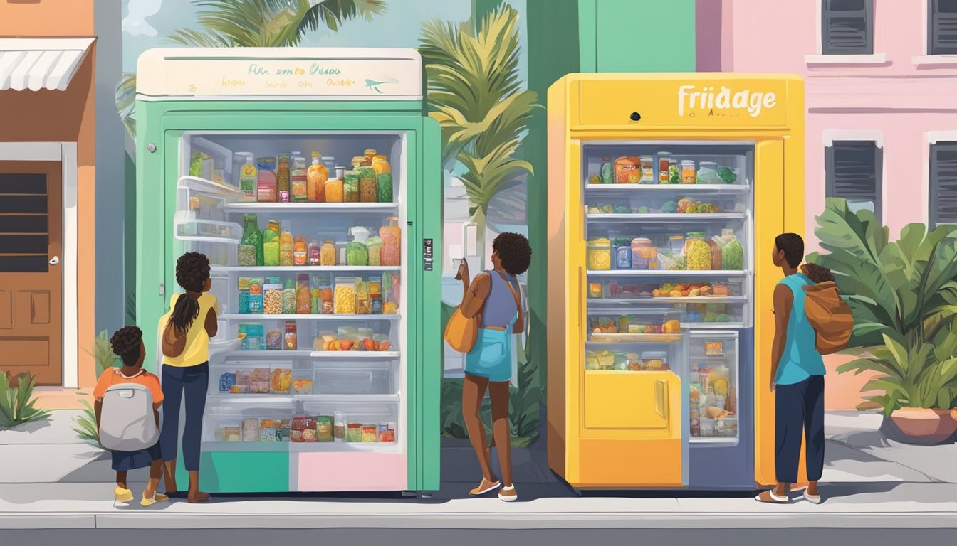 A colorful community fridge in Miami, FL, adorned with local artwork and surrounded by diverse residents contributing and taking food