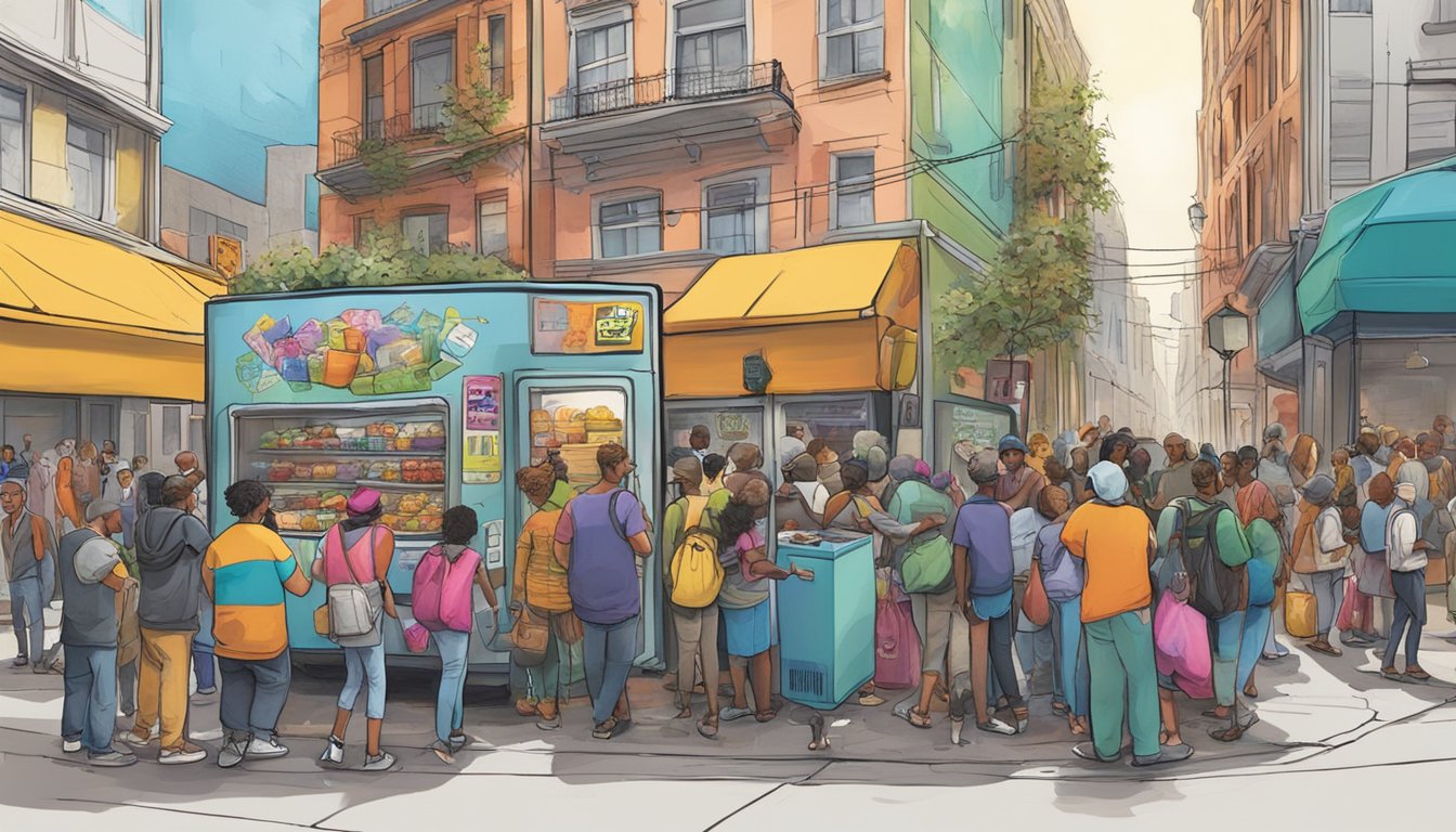 A bustling street corner with a colorful, graffiti-covered fridge surrounded by diverse individuals donating and taking food