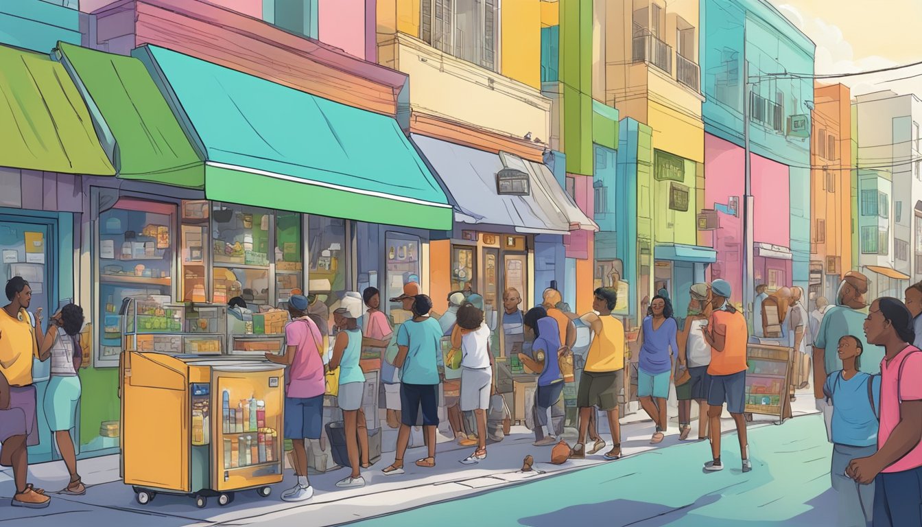 A bustling Miami street with a colorful community fridge surrounded by local businesses and residents offering support and partnerships