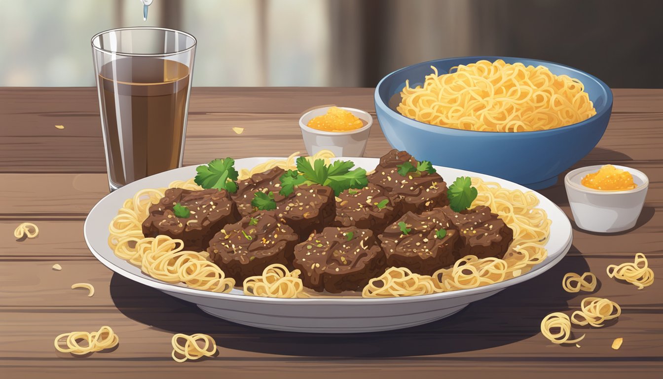 A plate of beef and noodle bites sits on a wooden table, surrounded by scattered crumbs and a half-empty glass of water