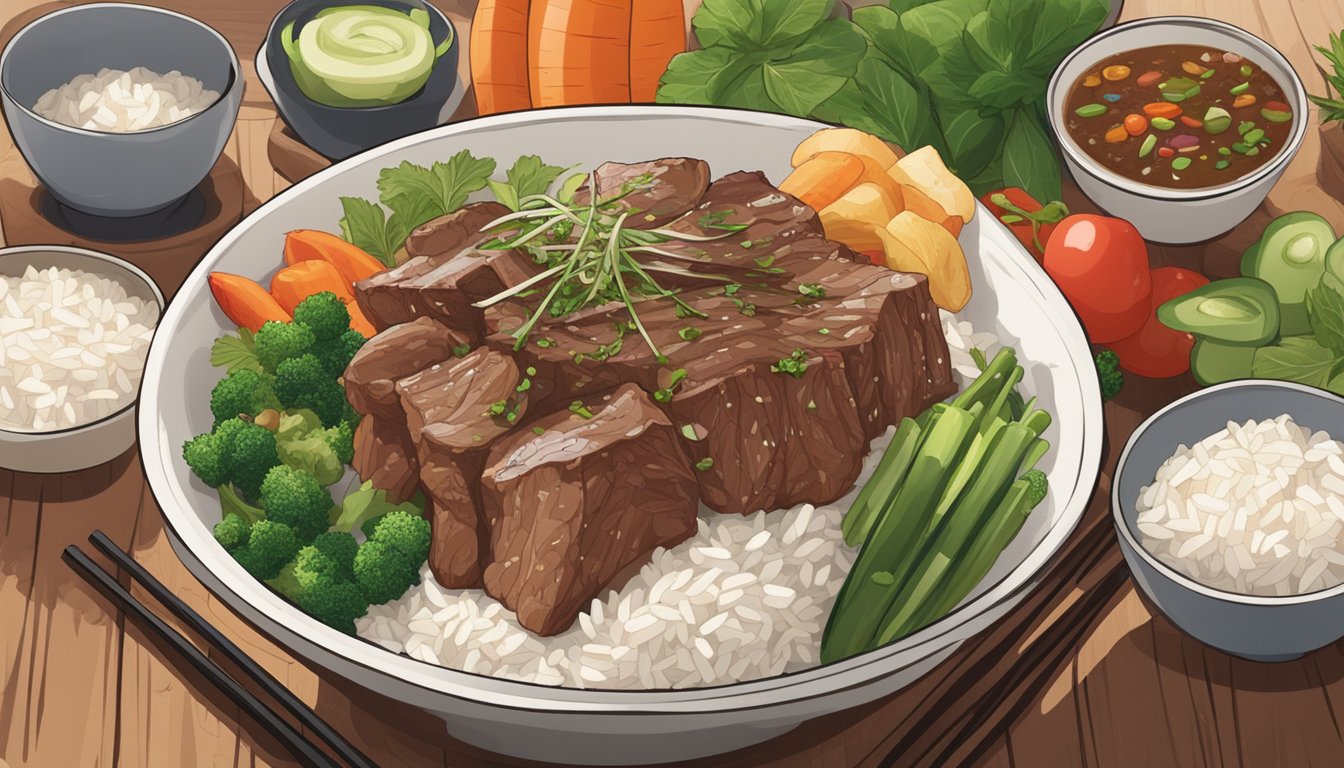 A steaming bowl of beef and rice sits on a wooden table, surrounded by colorful vegetables and herbs, with a pair of chopsticks resting on the side