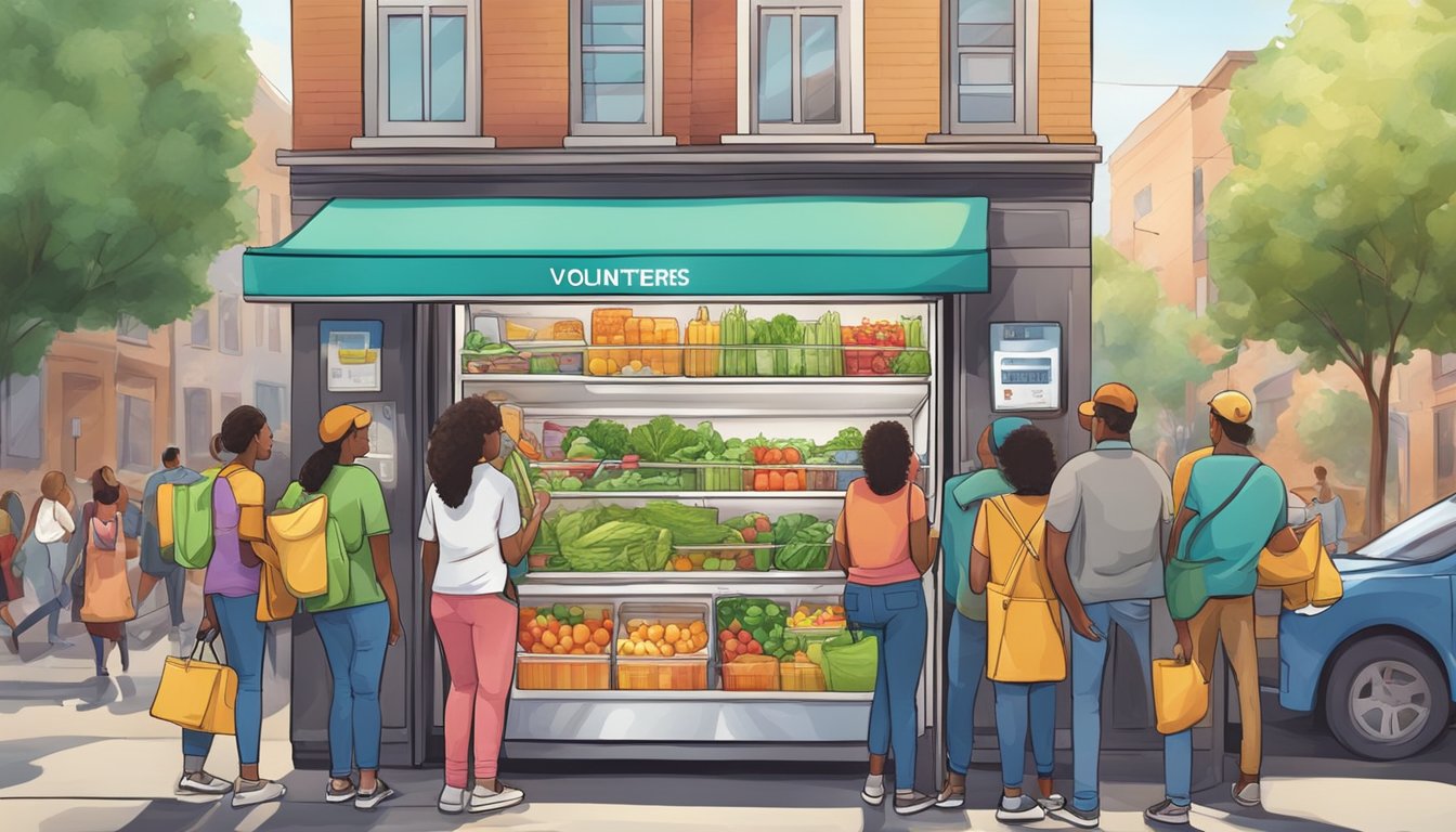 A group of volunteers stock a colorful community fridge with fresh produce and packaged goods in a bustling urban neighborhood