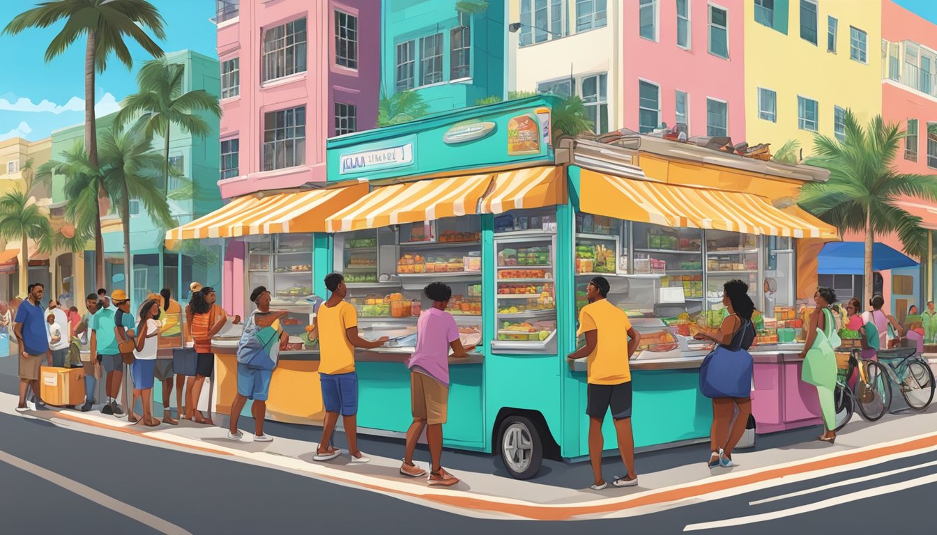 A bustling Miami street with a colorful community fridge surrounded by people exchanging food and sharing stories