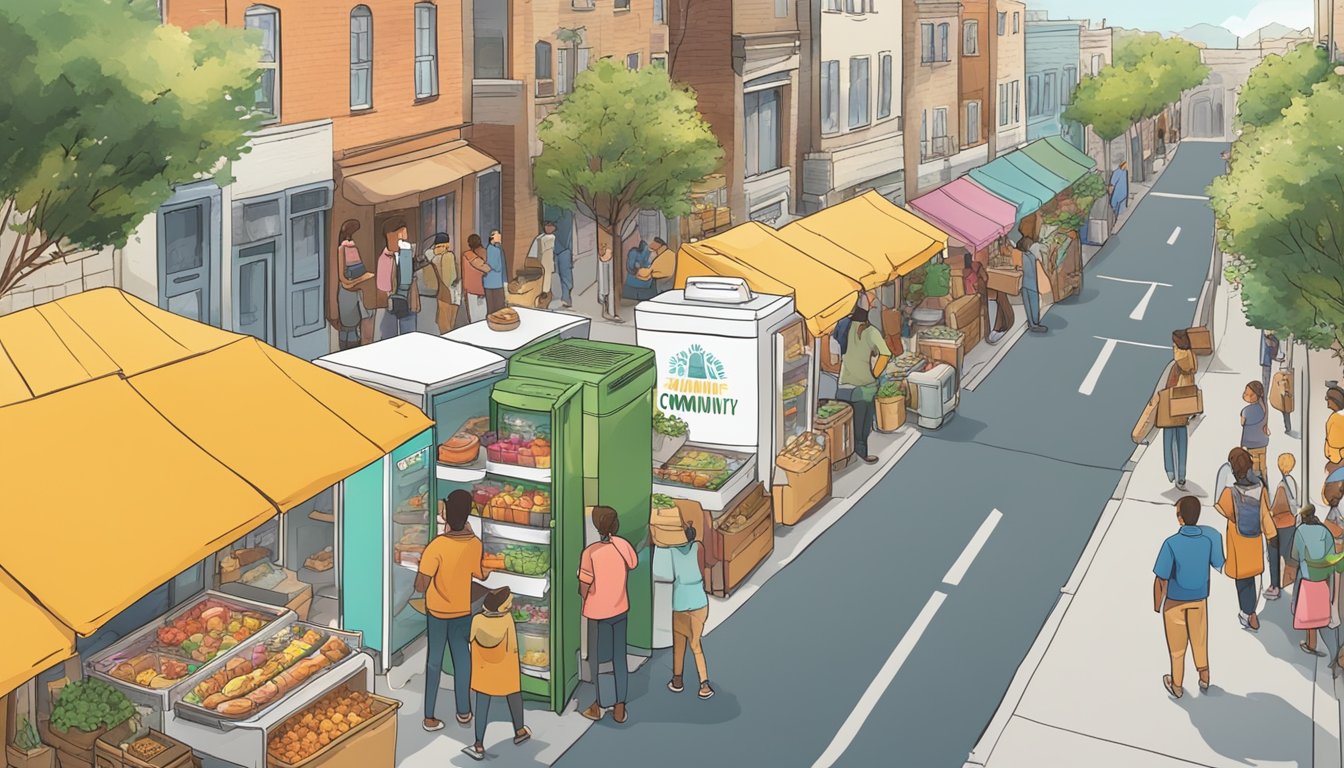 A bustling street with a colorful community fridge surrounded by people donating and taking food. Nearby signs promote local guide to community fridges