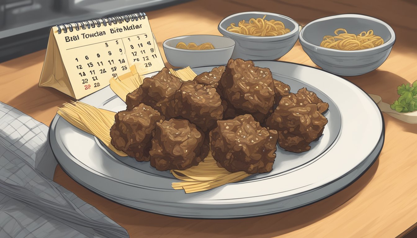 A plate of beef and noodle bites sits on a kitchen counter, covered with plastic wrap. A calendar on the wall shows the current date