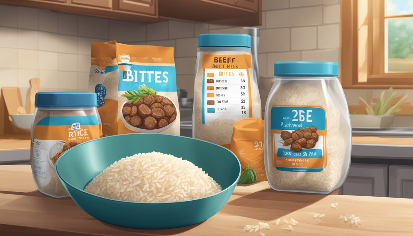 A sealed bag of beef and rice bites sits on a kitchen counter next to a container of rice. The bites are surrounded by ingredients and spices, with a calendar showing the current date on the wall