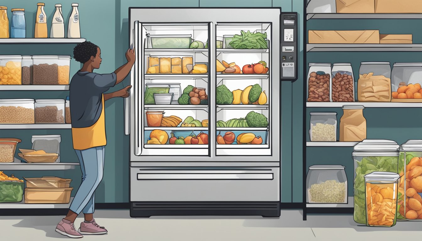 A person placing food inside a community fridge in Sandy Springs, GA