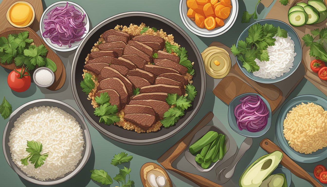 A countertop with prepped beef and rice bowls, surrounded by fresh ingredients and kitchen utensils