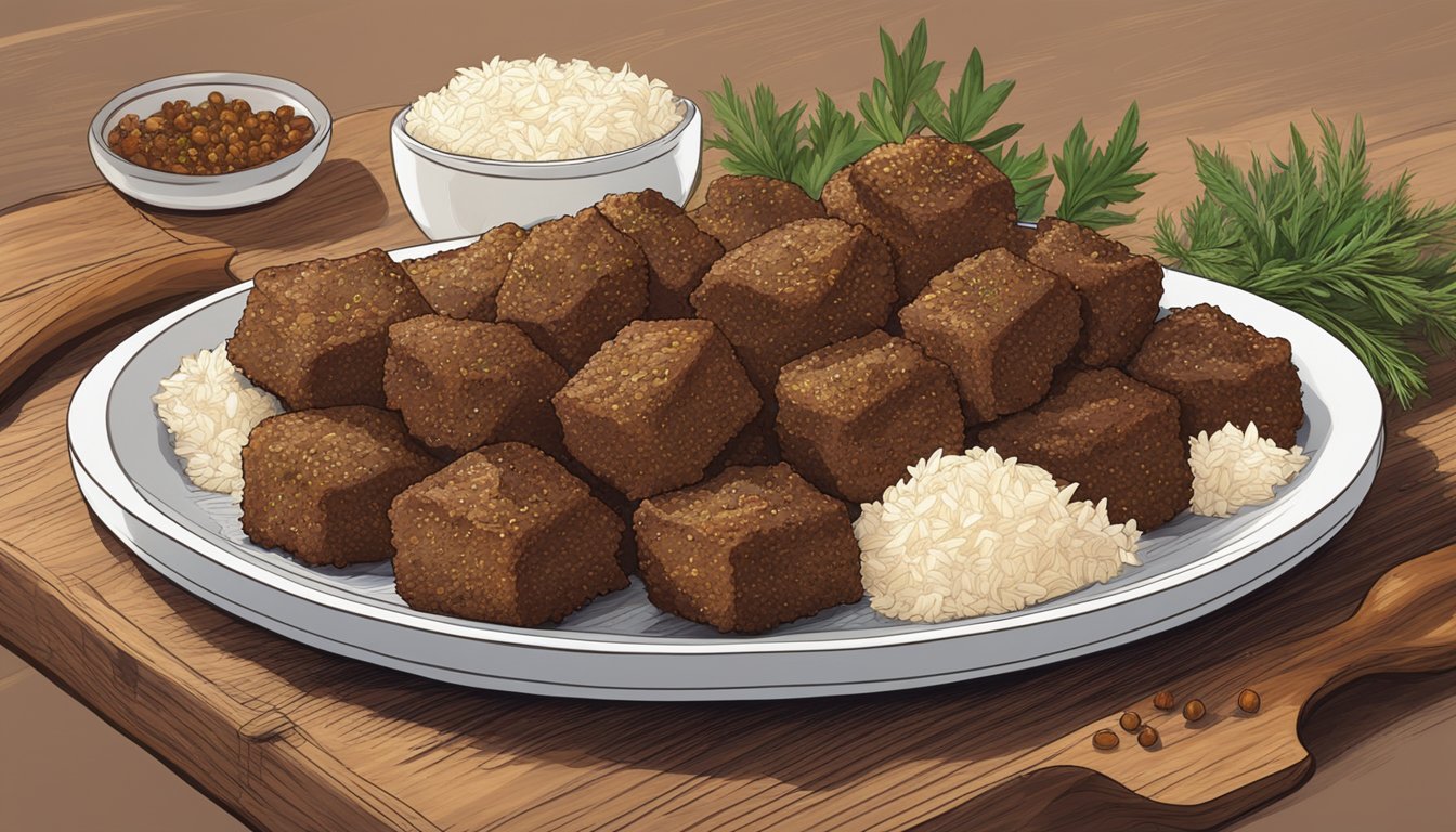 A plate of beef and rice bites sits on a wooden cutting board, surrounded by various spices and herbs. The bites are golden brown and crispy on the outside, with steam rising from them