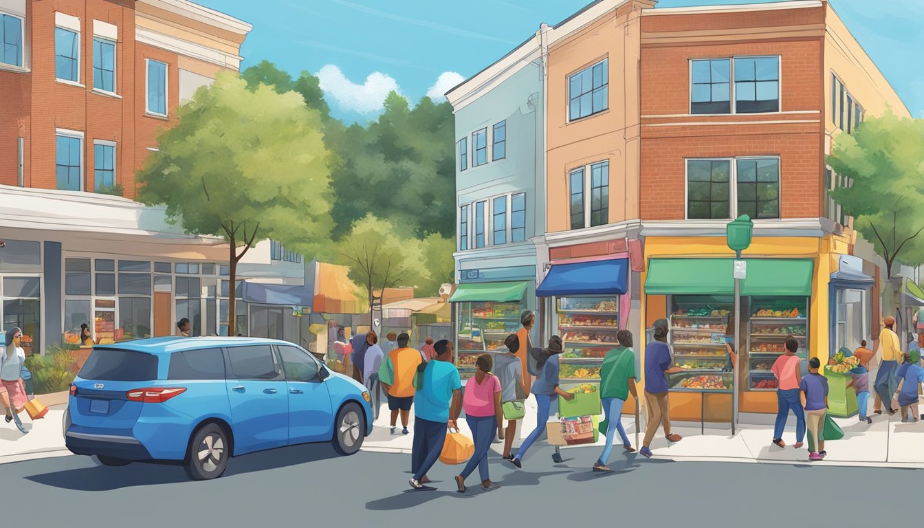 A bustling street corner in Sandy Springs, GA, with a colorful community fridge surrounded by people dropping off and picking up food items