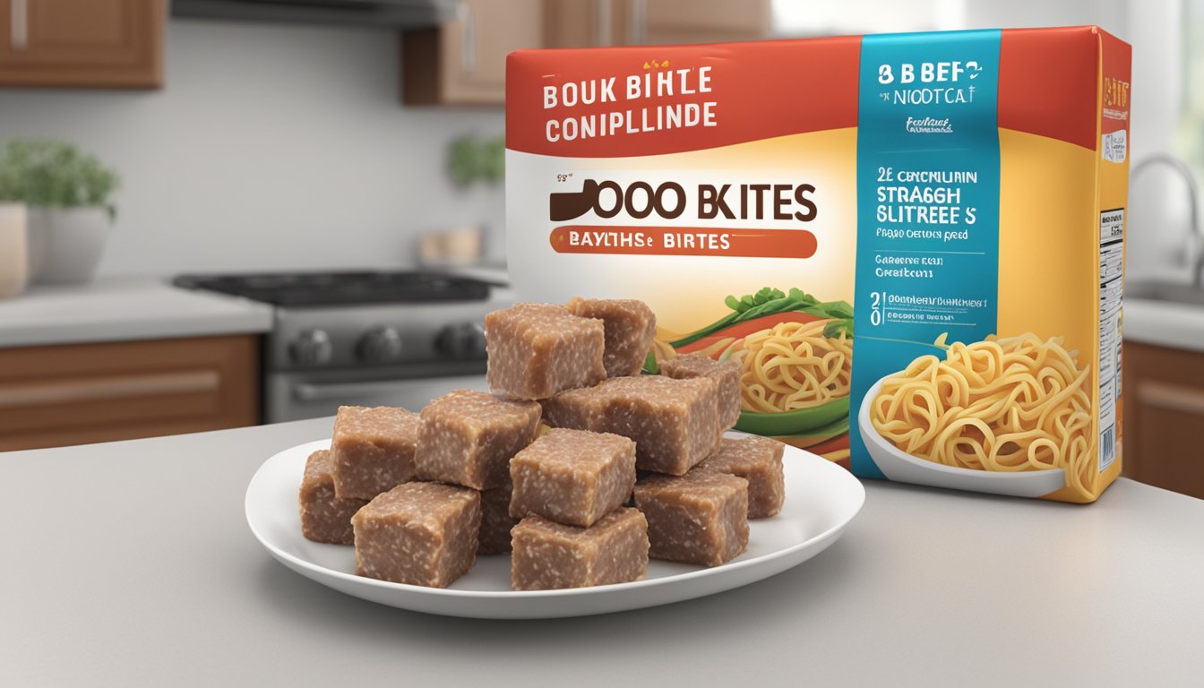 A package of beef and noodle bites sits on a kitchen counter, with a visible expiration date and a label indicating proper storage and consumption guidelines