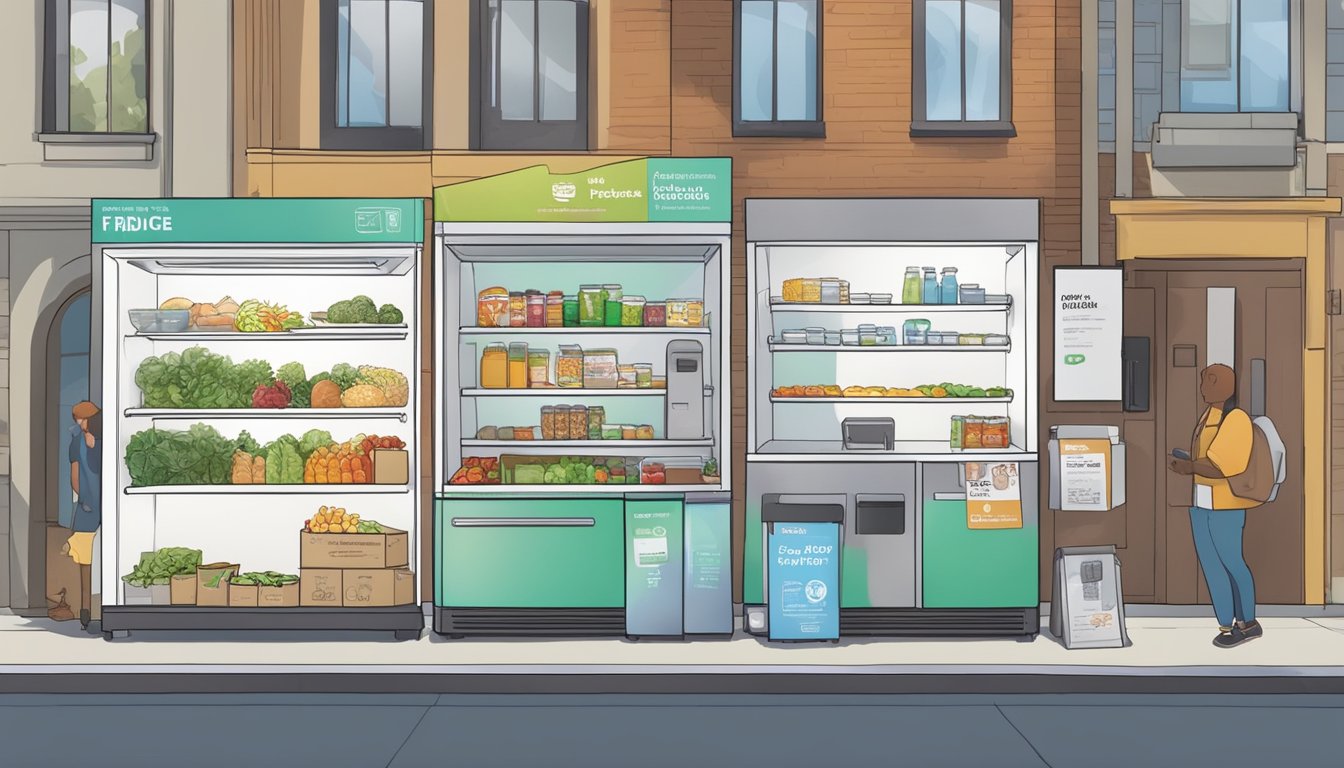 A community fridge in a public space with clear guidelines posted nearby, surrounded by diverse food donations and people accessing it