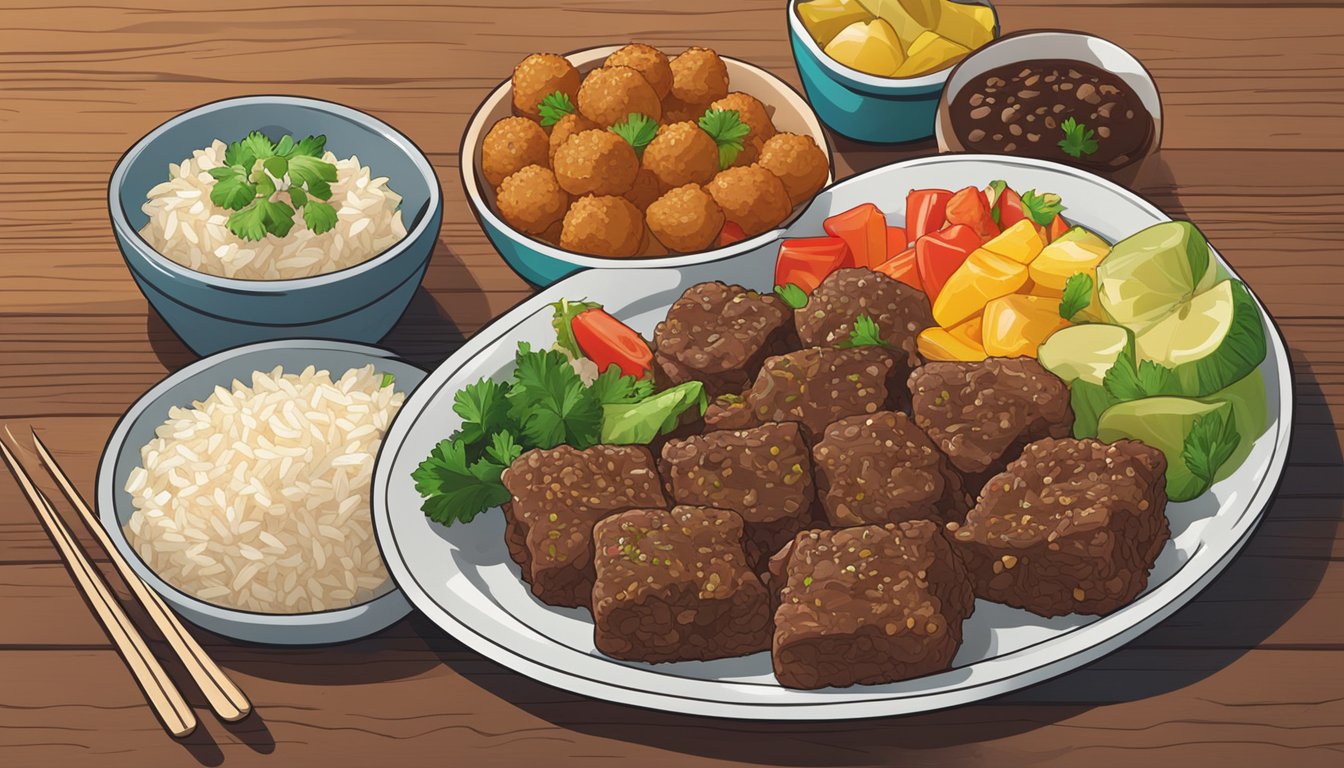 A plate of beef and rice bites sits on a wooden table, with a colorful array of leftover ingredients surrounding it. The bites are neatly arranged and look fresh and appetizing