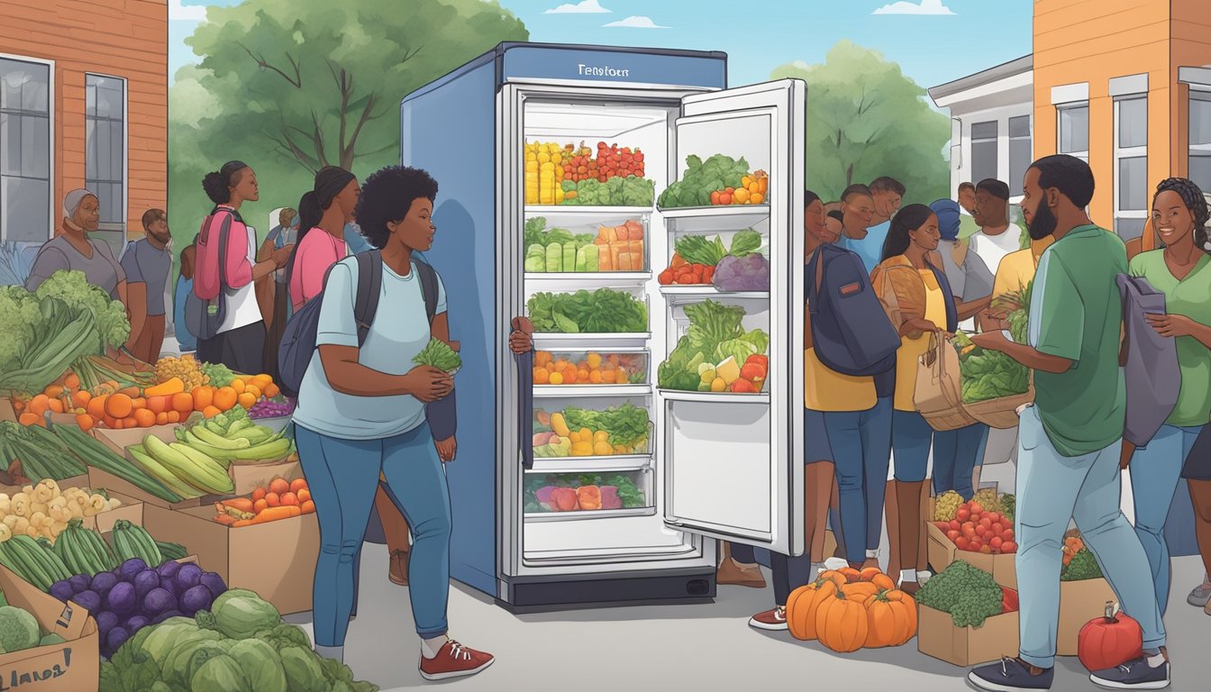 A community fridge in Sandy Springs, GA filled with fresh produce and packaged goods, surrounded by a diverse group of people accessing its contents