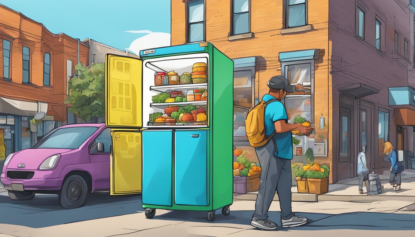 A person placing food in a colorful, graffiti-covered refrigerator on a busy street corner in Boise, Idaho