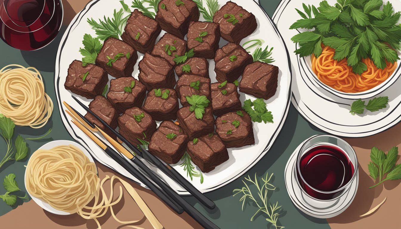 A plate of beef and noodle bites surrounded by fresh herbs and paired with a glass of red wine