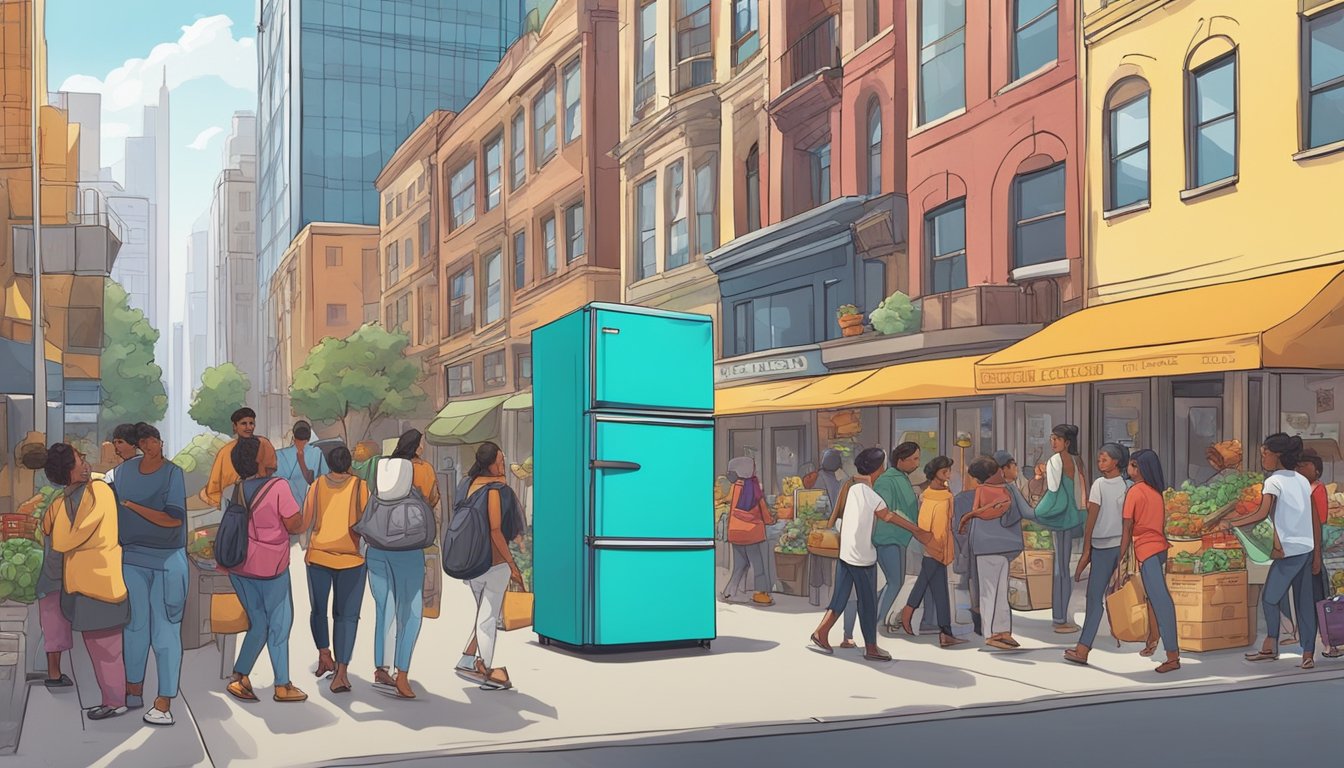 A colorful community fridge stands against a backdrop of urban buildings, surrounded by a diverse array of people dropping off and picking up food