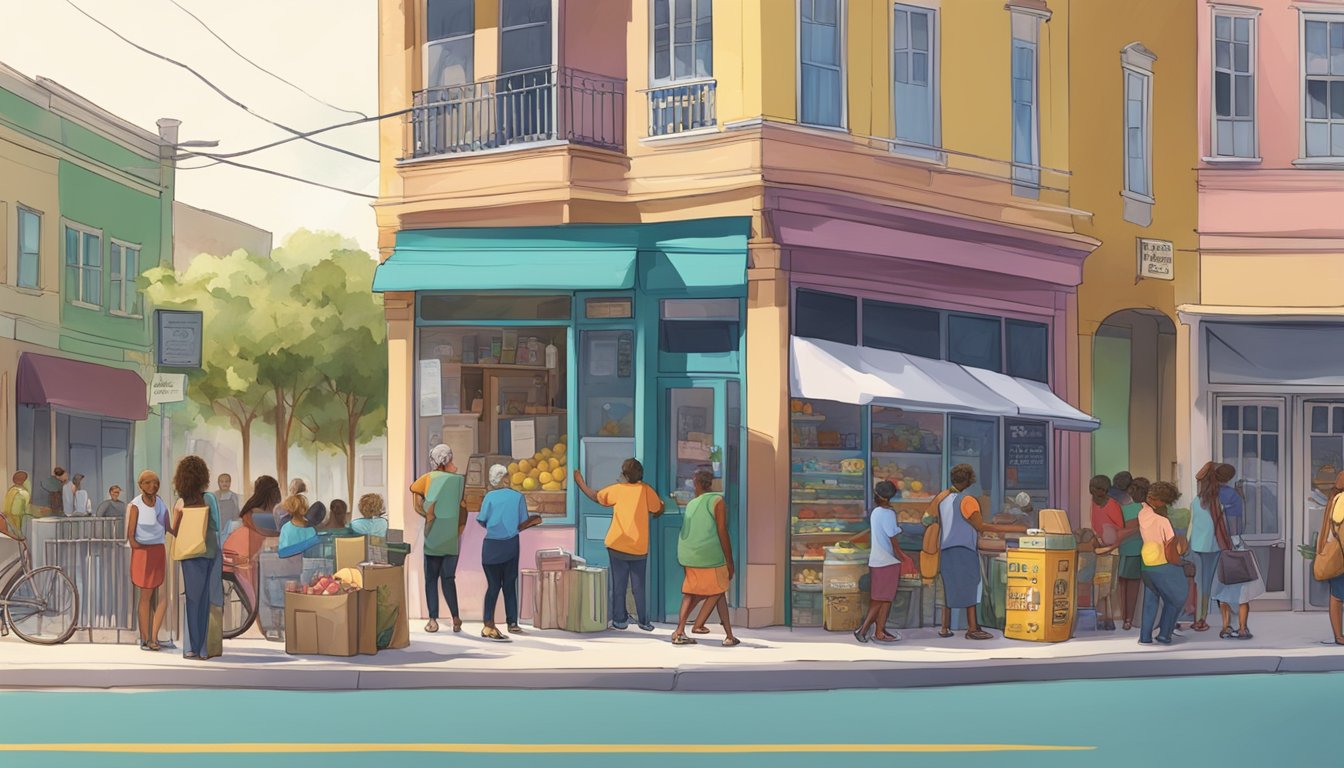 A colorful, bustling street corner in Orlando, Florida, with a community fridge surrounded by diverse locals donating and taking food