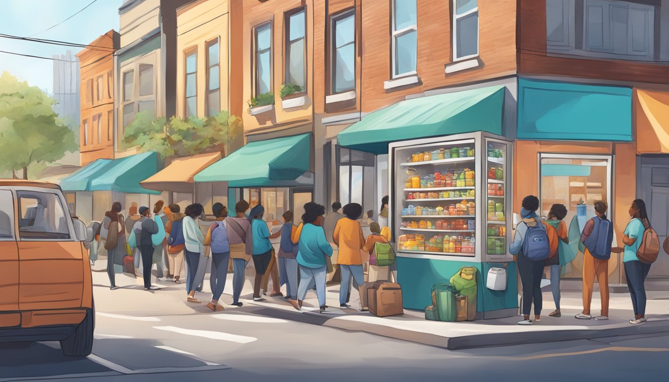 A bustling street corner with a colorful community fridge surrounded by people donating and taking food. Masks and hand sanitizer are visible