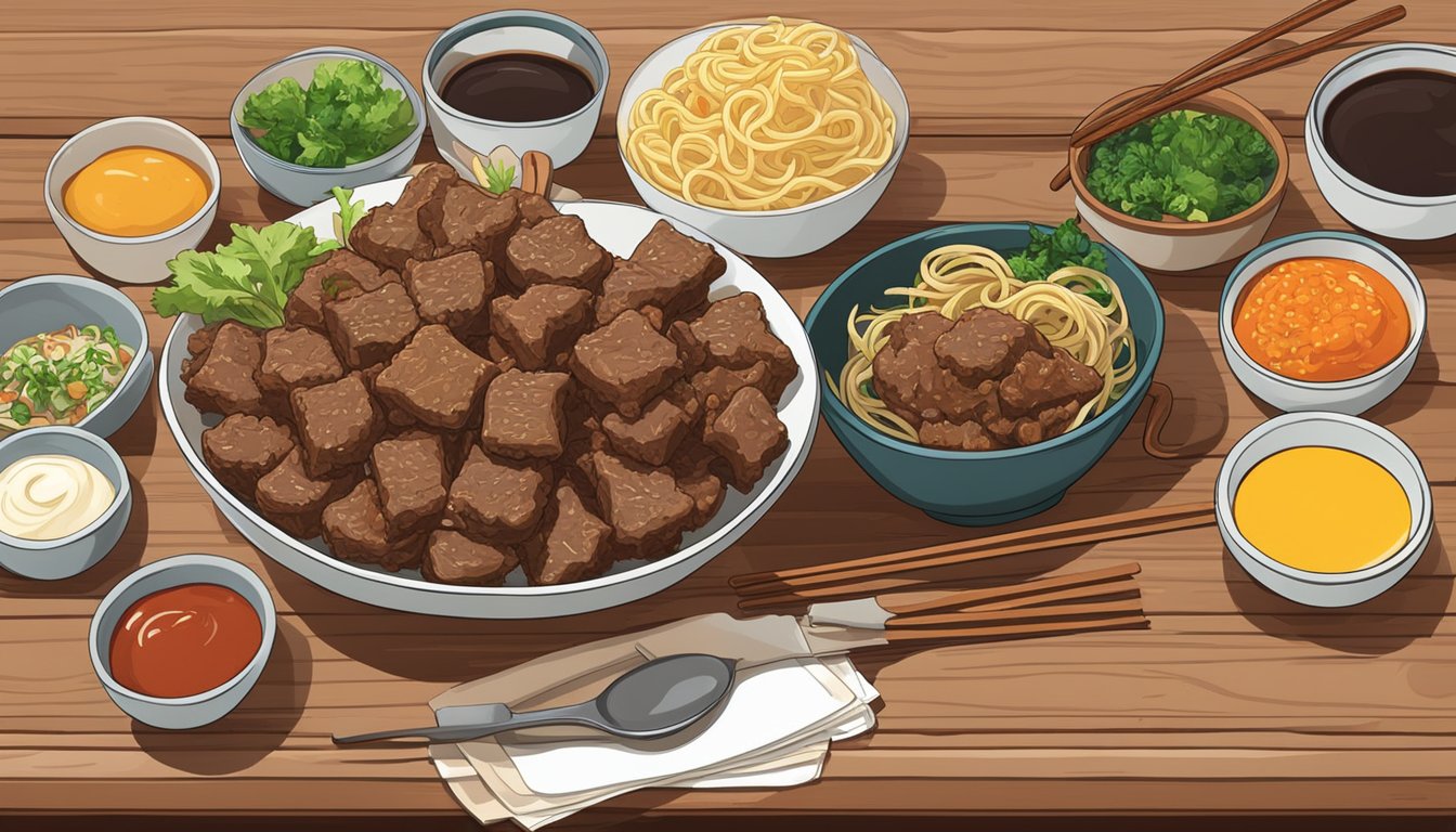 A bowl of beef and noodle bites sits on a wooden table, surrounded by various condiments and utensils. The food appears fresh and inviting