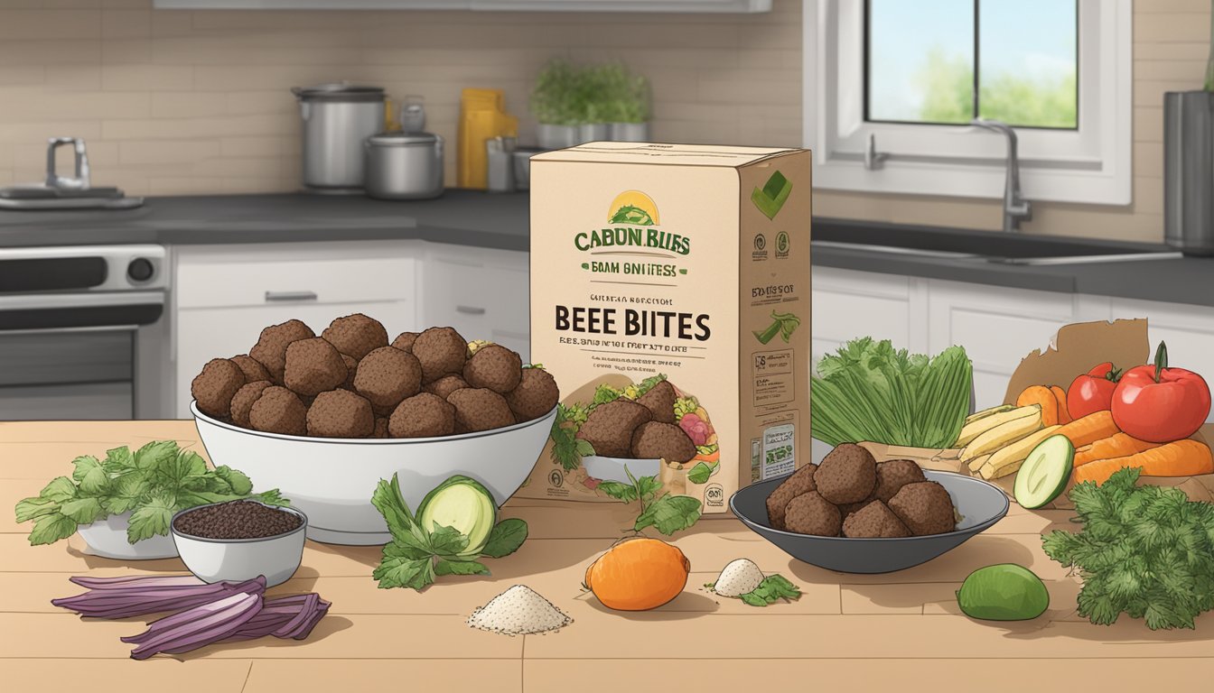 A package of beef and rice bites sits on a countertop, surrounded by fresh ingredients and a compost bin. The bites are untouched and ready to be enjoyed