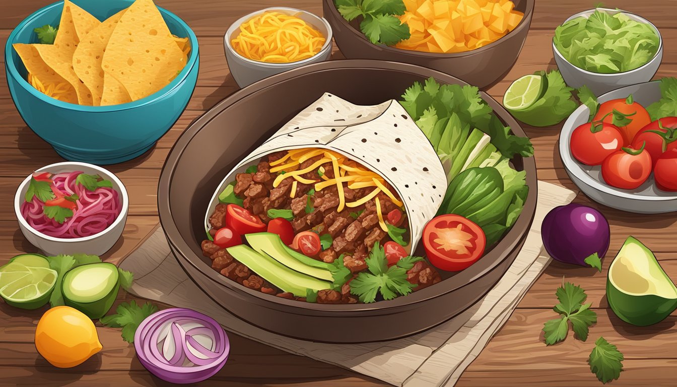 A colorful beef burrito bowl surrounded by fresh ingredients on a wooden table