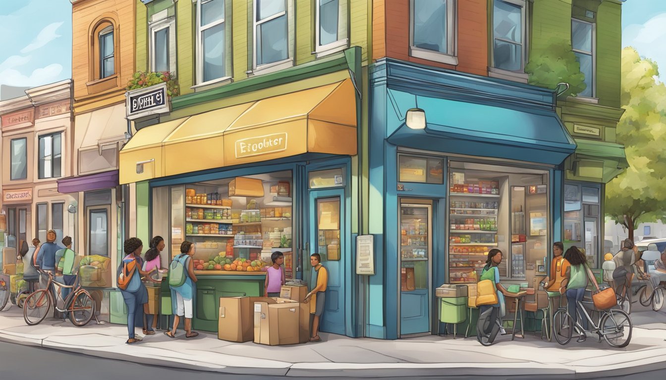 A bustling street corner with a colorful community fridge surrounded by diverse local businesses and residents