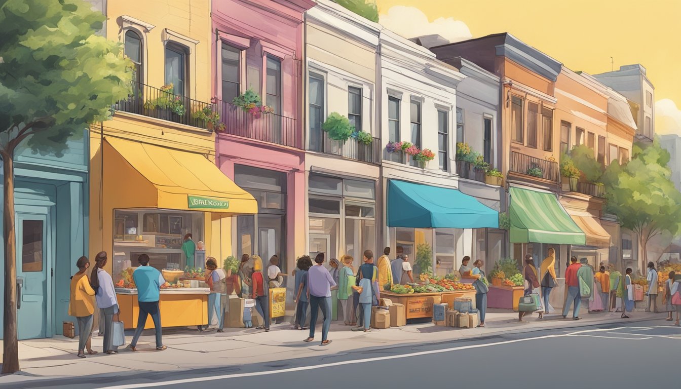 A bustling street corner with a colorful, decorated fridge surrounded by people donating and taking food. Sunshine and a sense of community fill the air