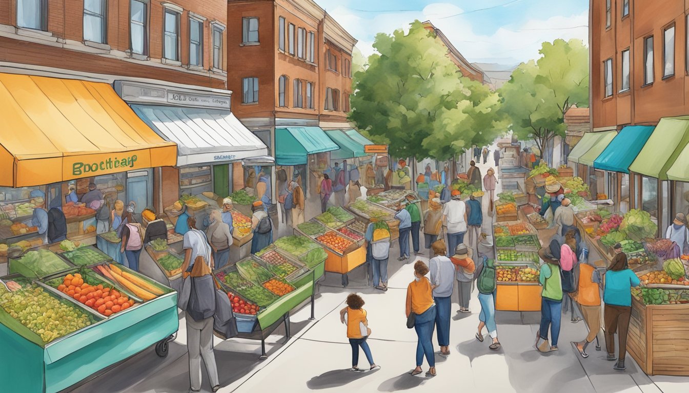 A bustling street in Boise, Idaho, with a colorful community fridge adorned with fresh produce and food items, surrounded by eager locals donating and taking items