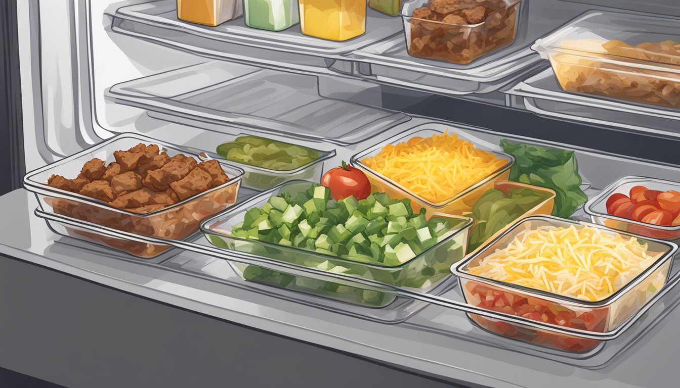 A beef burrito bowl is tightly sealed in a clear plastic container and placed in the refrigerator next to other meal prepped dishes