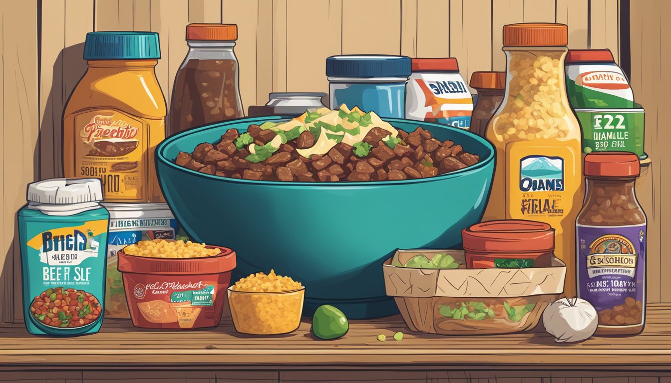 A beef burrito bowl sits on a shelf, surrounded by various expiration dates on other food items