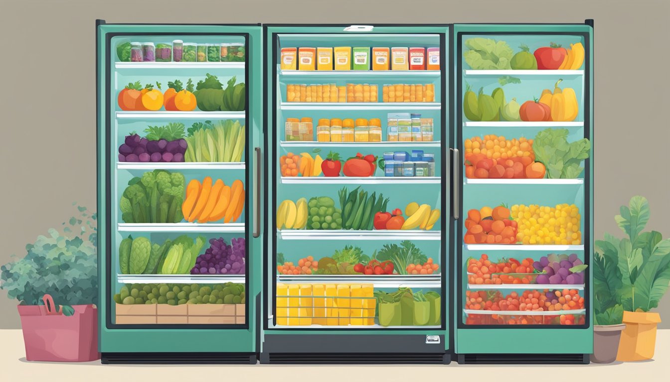 A diverse group of people donates fresh produce and canned goods to colorful community fridges in Orlando, Florida